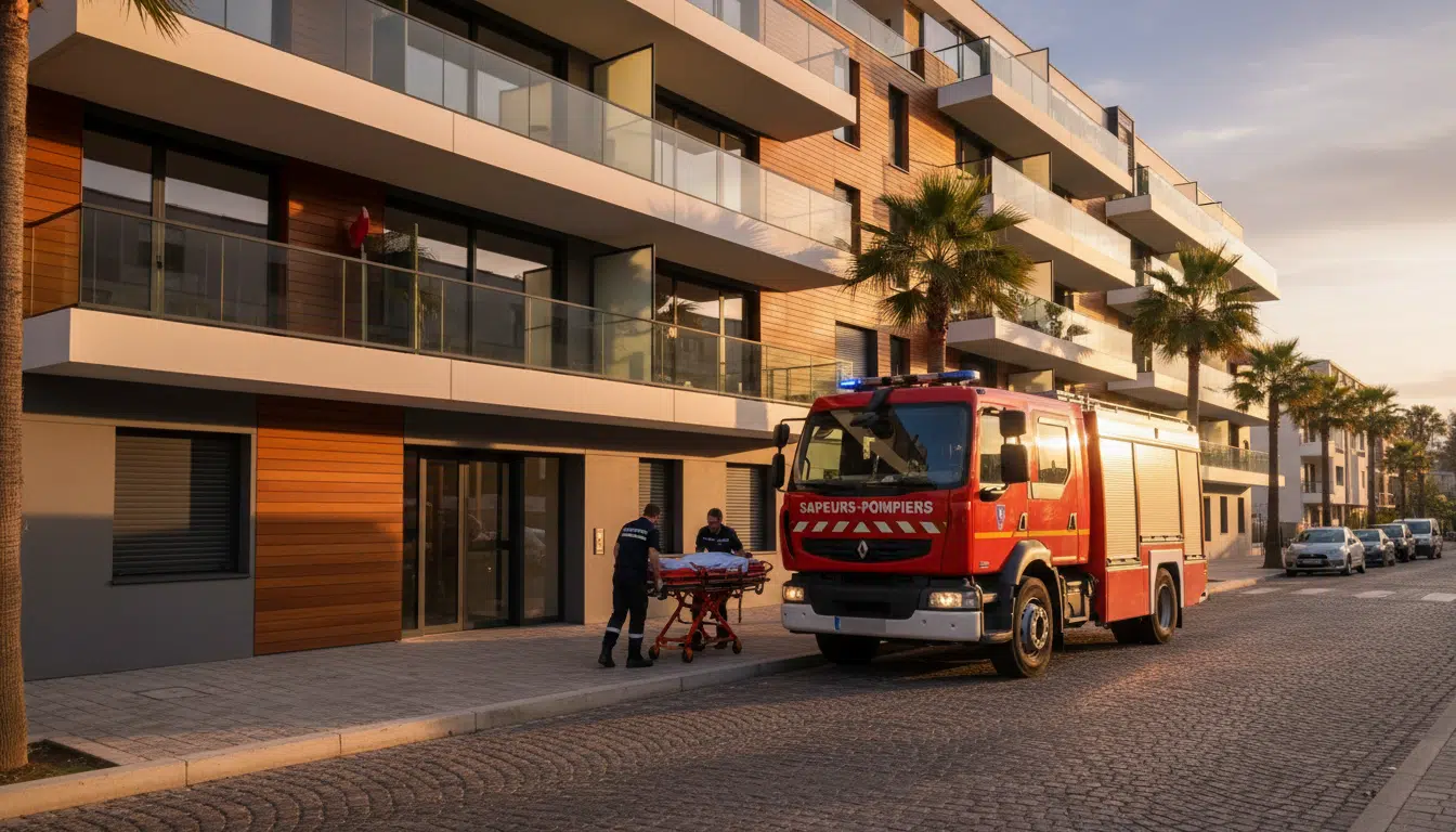 Pompiers intervenant devant un immeuble à Blagnac