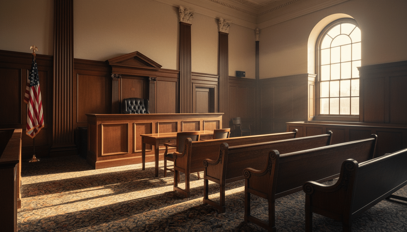 Salle de tribunal américaine vide avec lumière naturelle dramatique