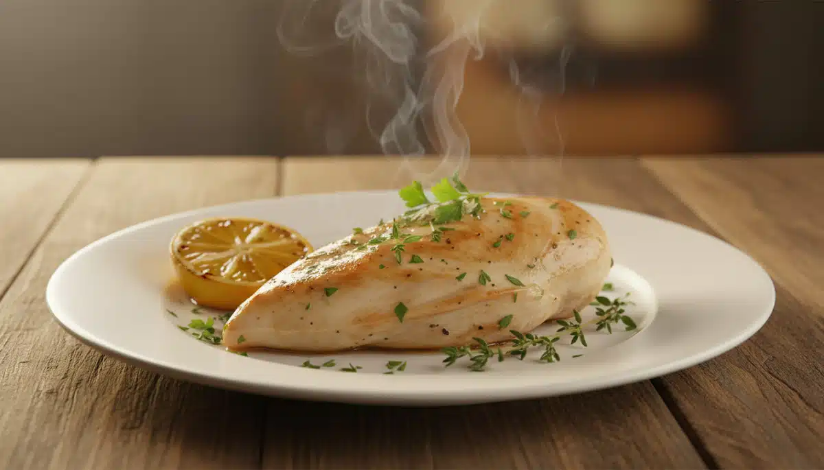 blanc de poulet moelleux cuit vapeur assiette blanche