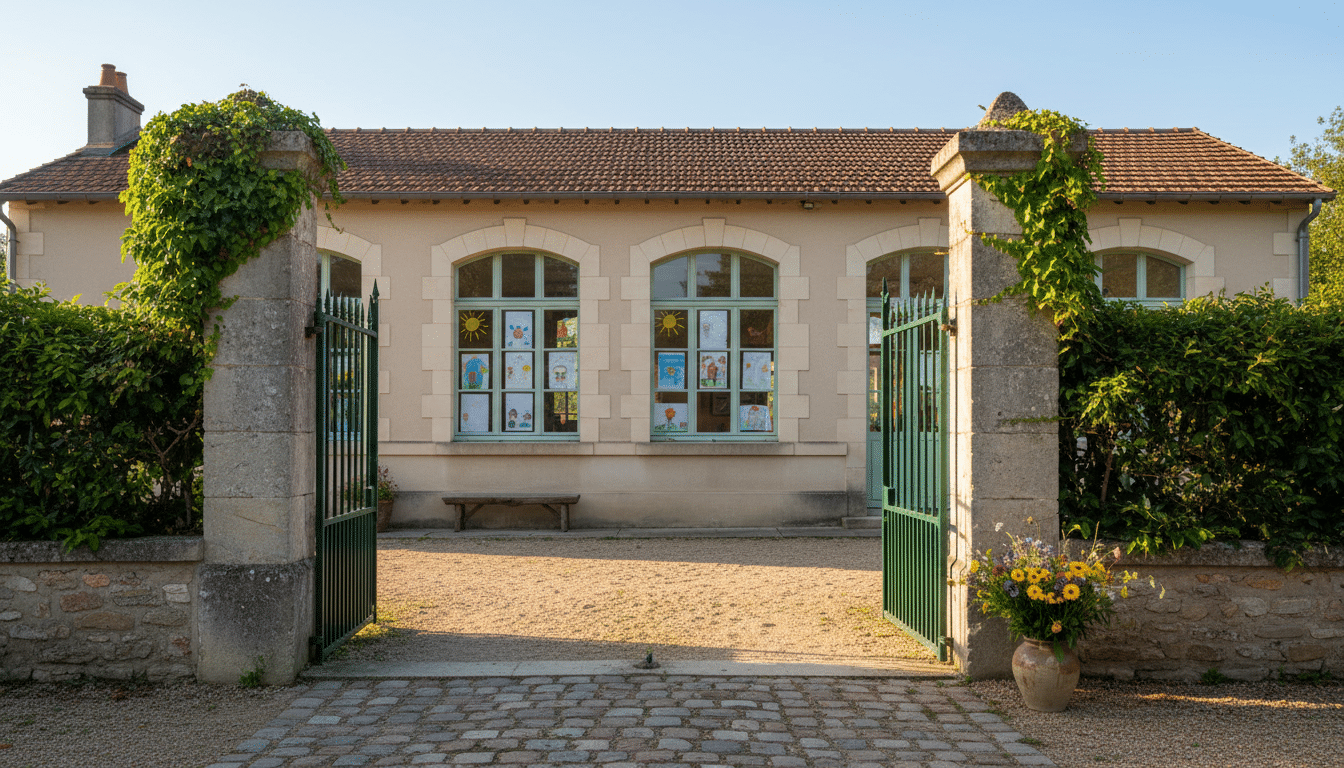 École primaire de Blénod avec fleurs déposées devant l'entrée