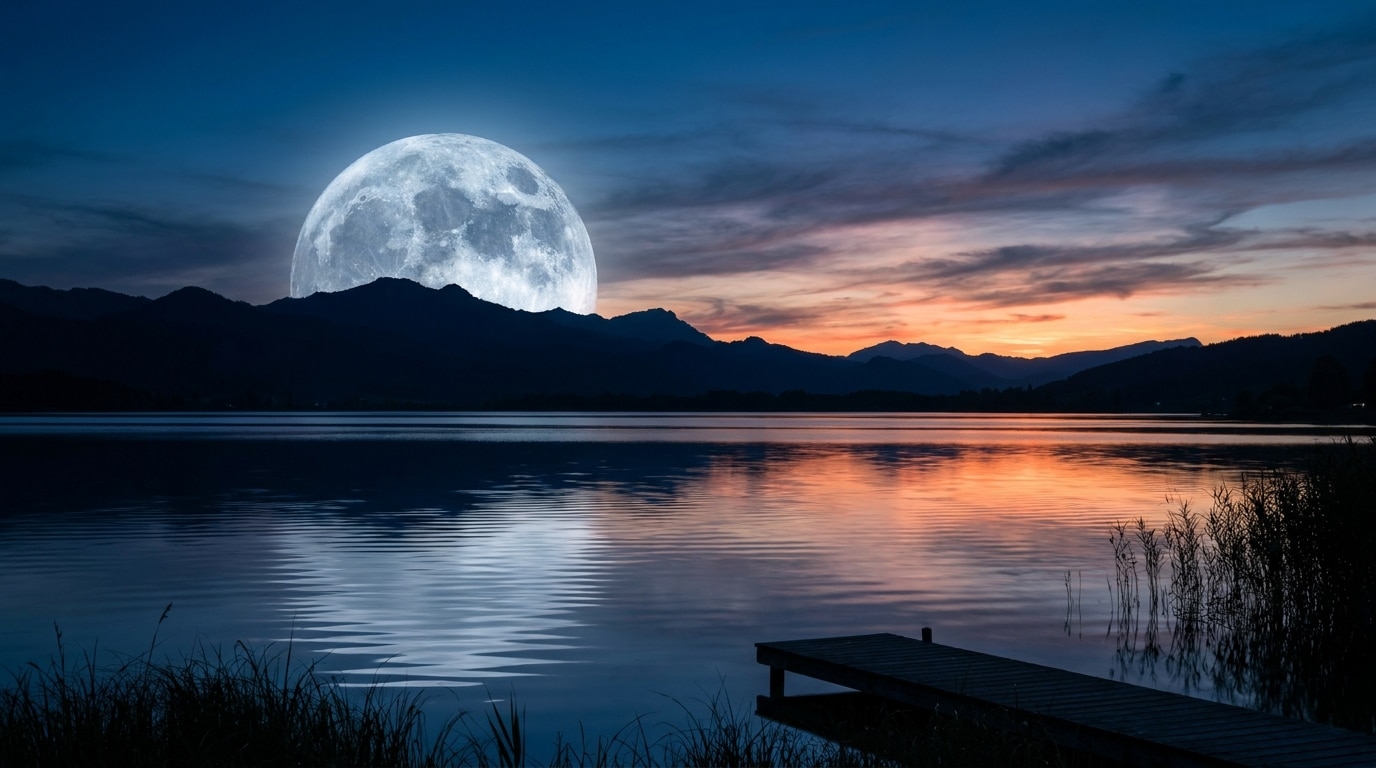 Pleine lune se levant au-dessus d'un lac au crépuscule