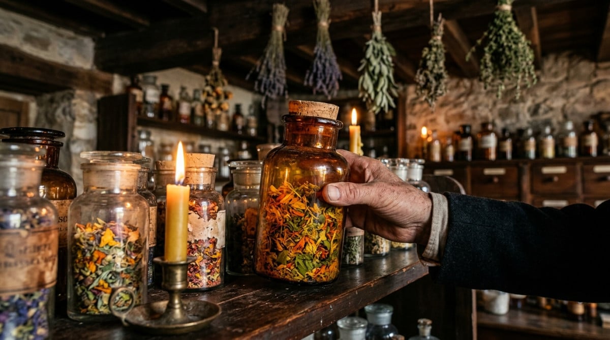 Bocaux d'apothicaire anciens dans une pharmacie du XIXe siècle