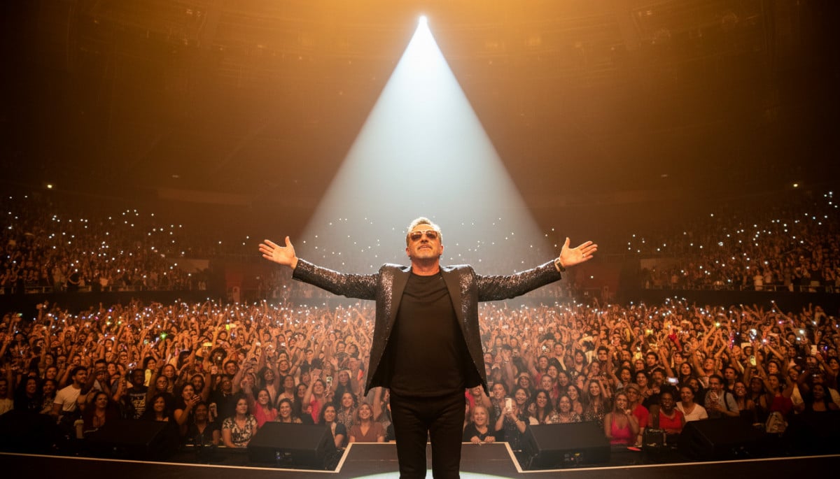 Bono chanteur de U2 sur scène devant une foule immense