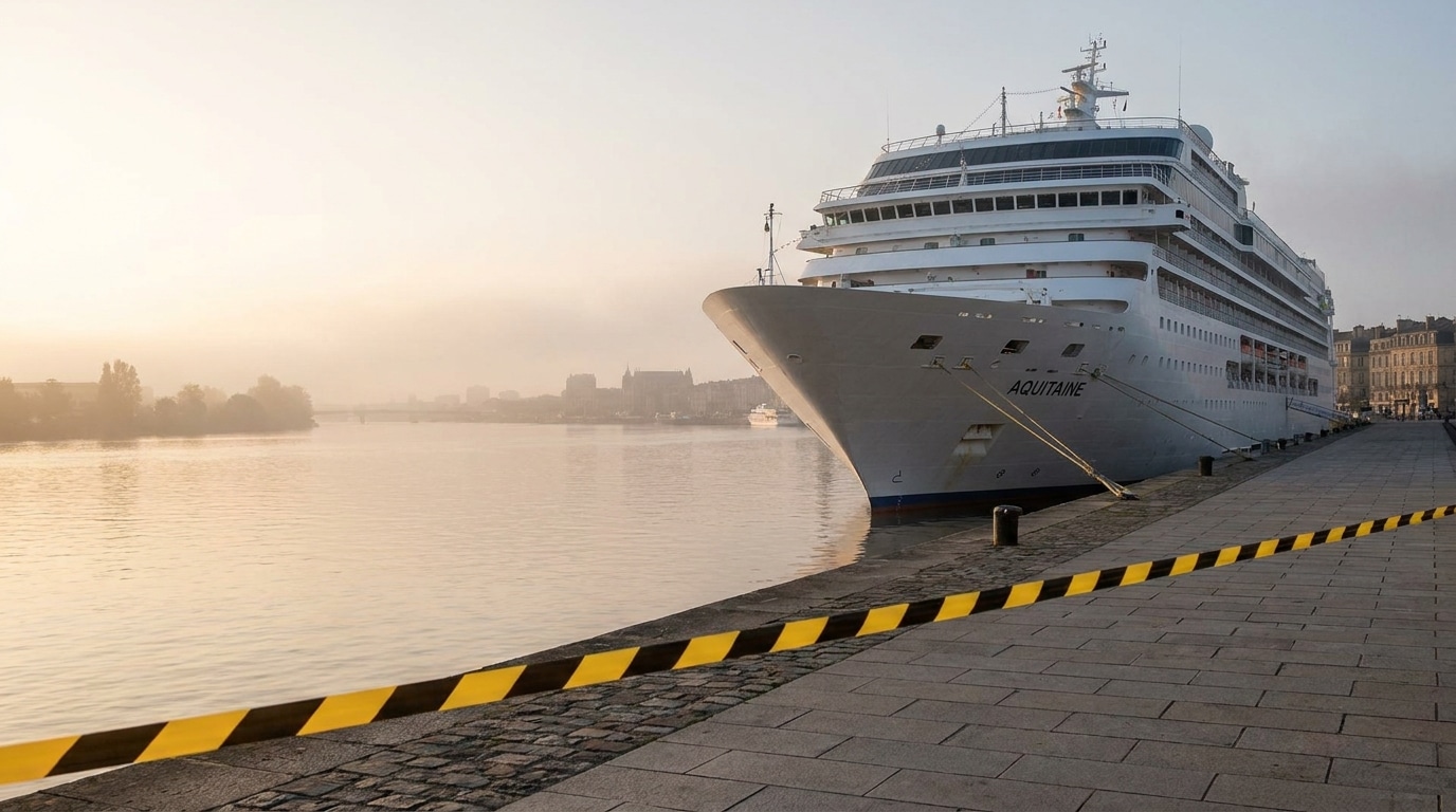 Paquebot amarré au port de Bordeaux à l'aube derrière un cordon de sécurité