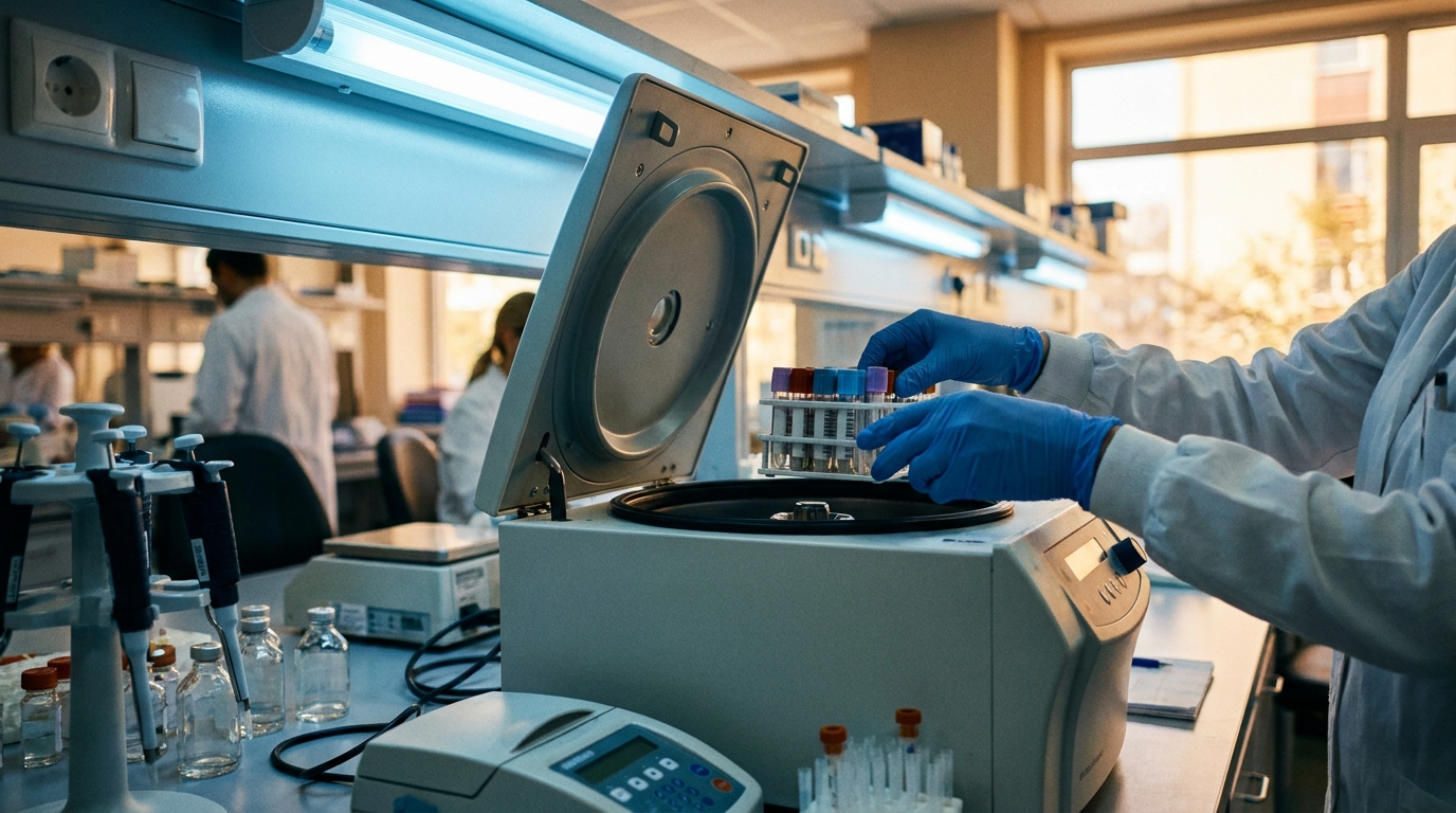 Tubes d'analyse sur une paillasse de laboratoire hospitalier