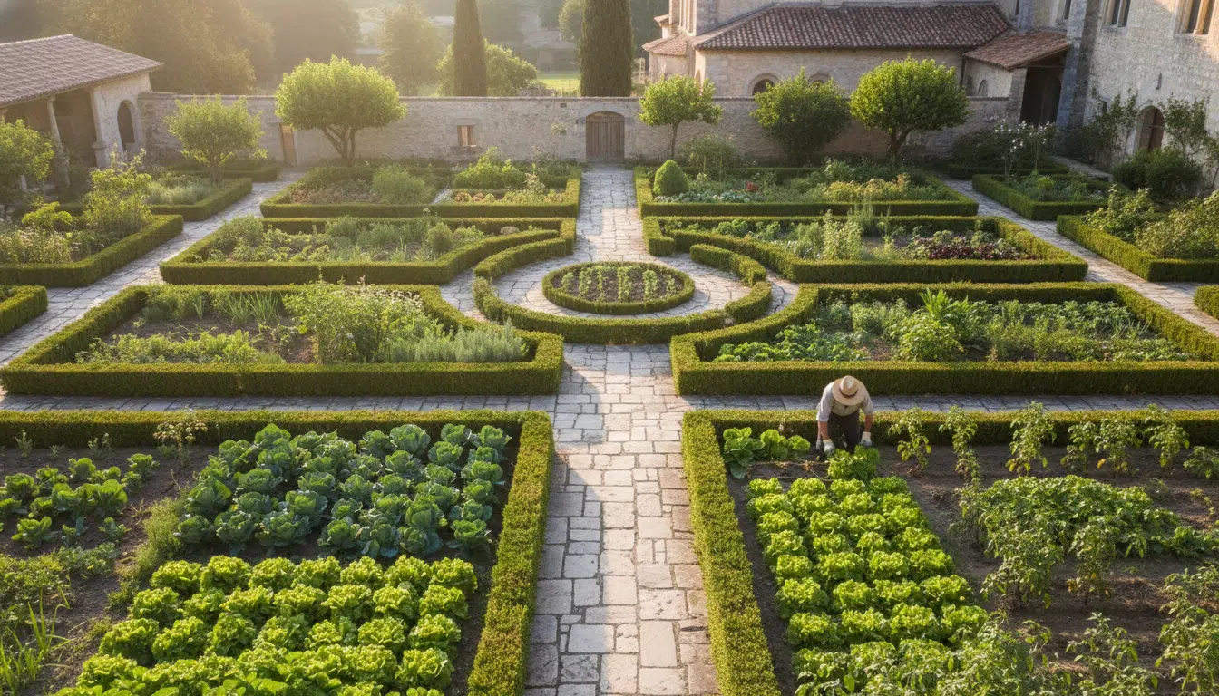 Bordures de buis taillées autour d'un potager de monastère