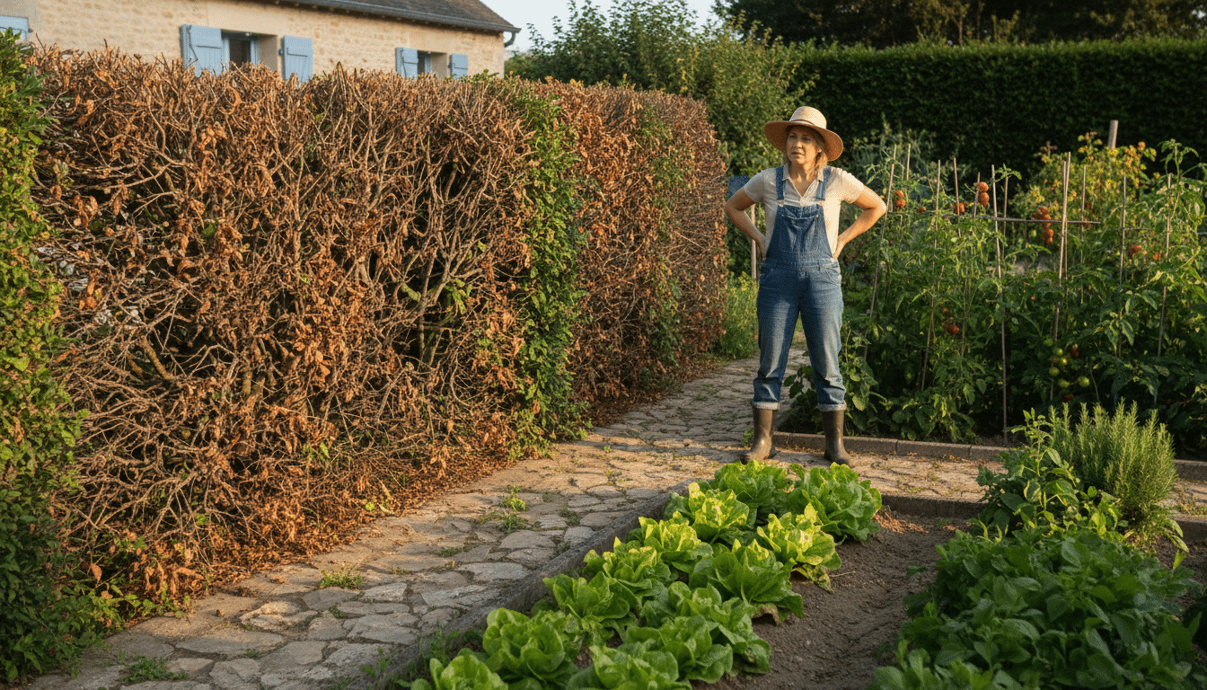 Haie de buis dévorée par la pyrale dans un jardin potager