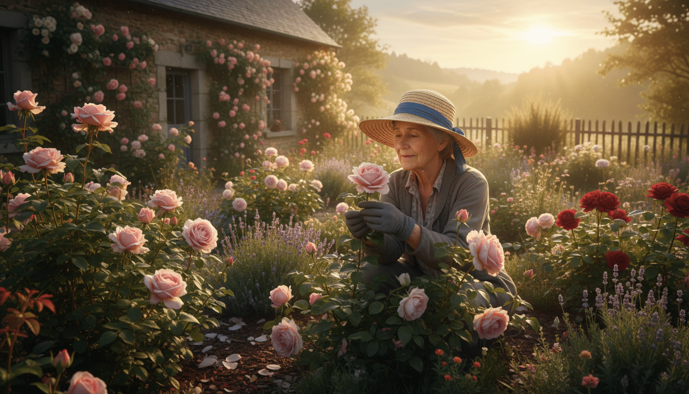 Jardinière inspectant un bouton de rose en lumière rasante