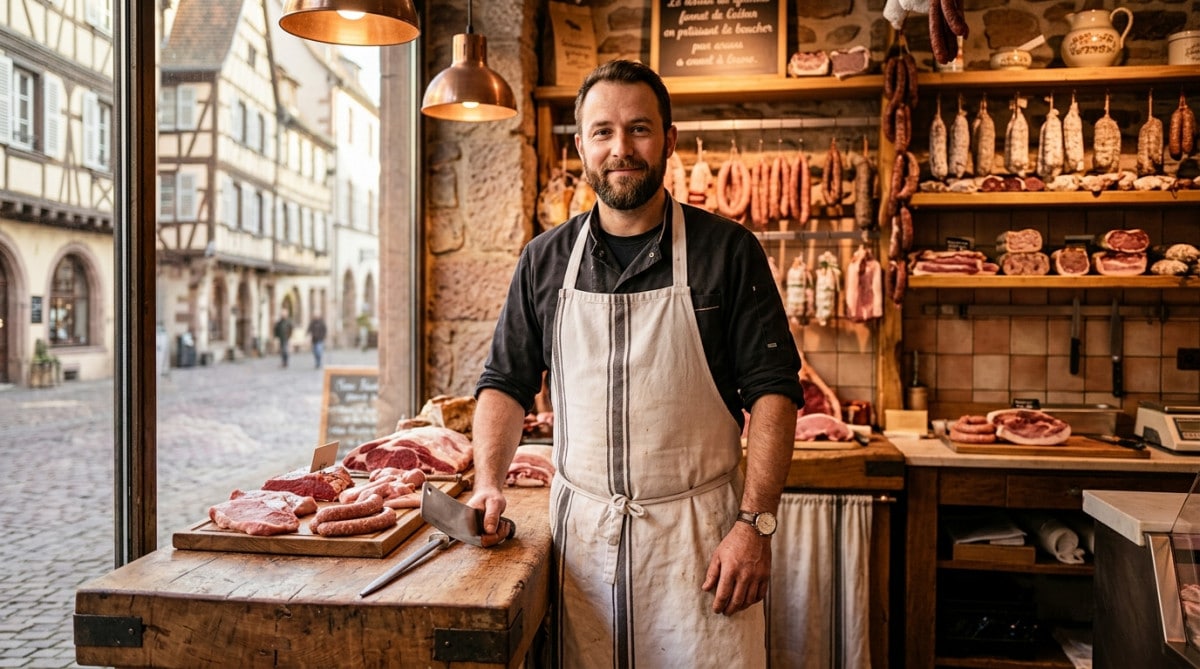 Boucher en tablier blanc dans sa boucherie artisanale à Colmar