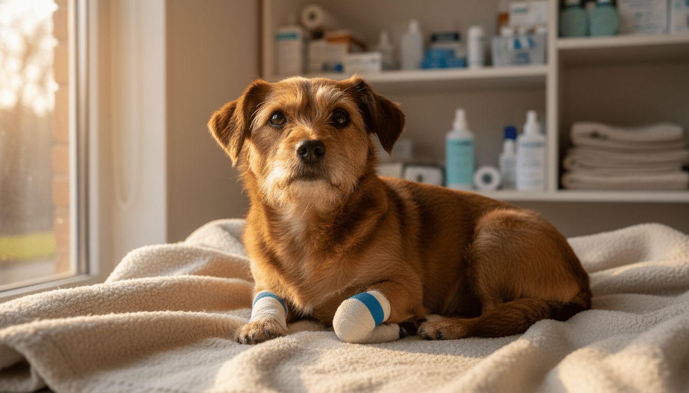Arya la chienne blessée en convalescence au refuge SPA