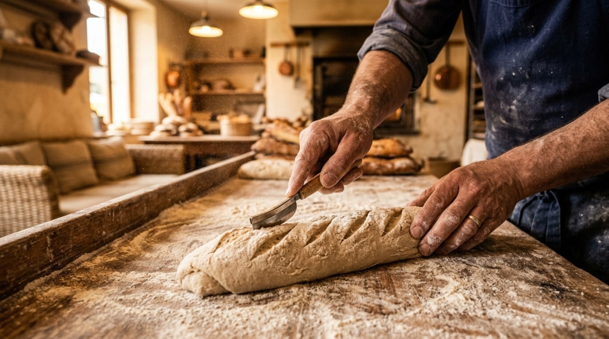 Boulanger entaillant une baguette crue avec une lame