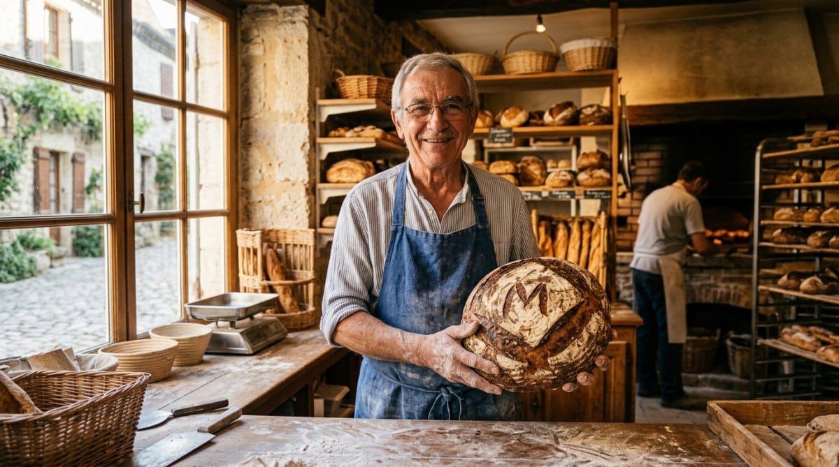 Boulanger tenant un pain artisanal dans une boulangerie de village