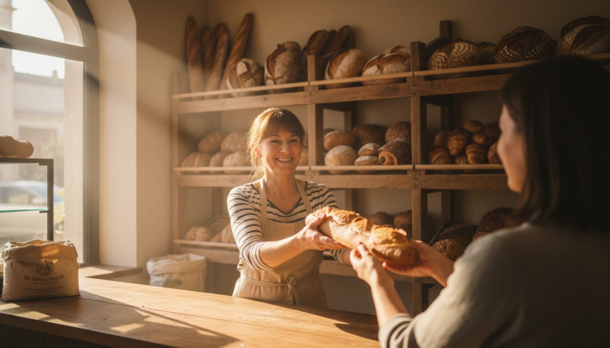 Boulangère française tendant une baguette dorée à un client