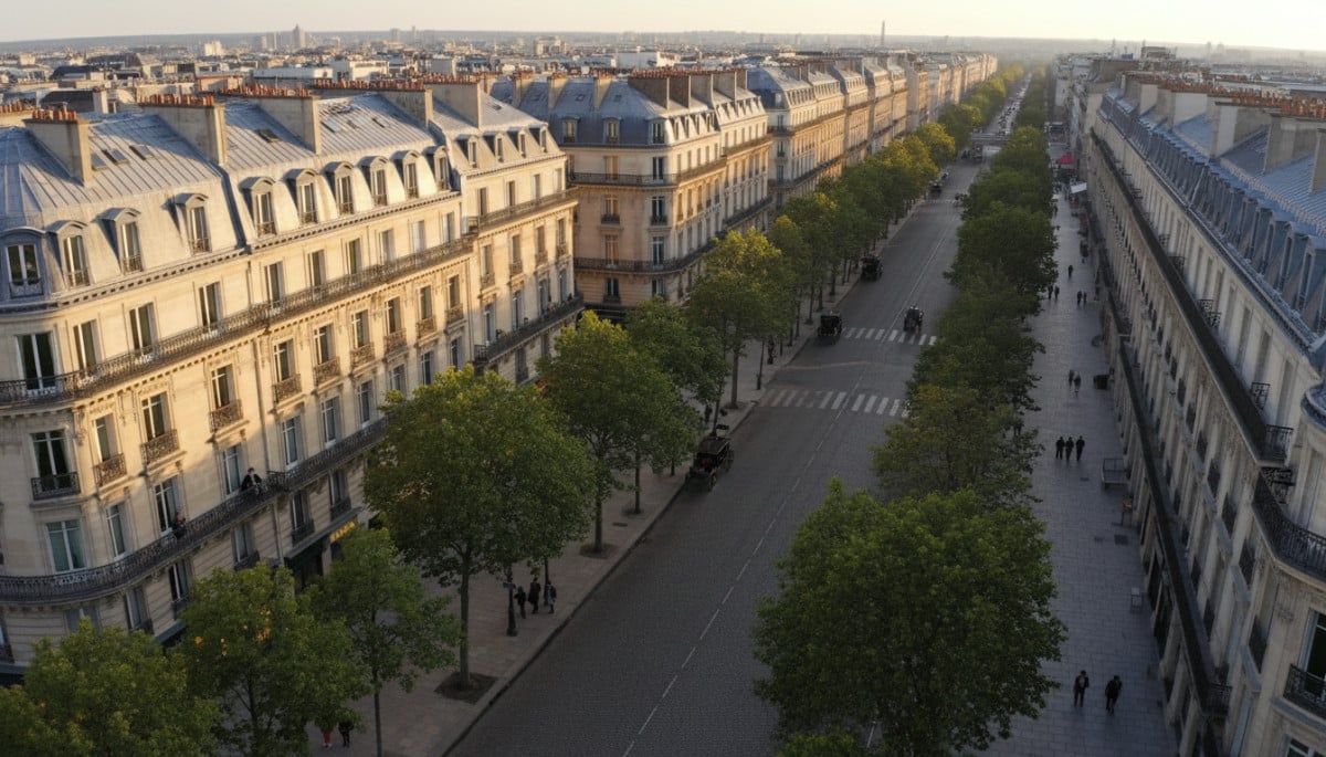 Boulevard haussmannien parisien avec fenêtres alignées au coucher du soleil