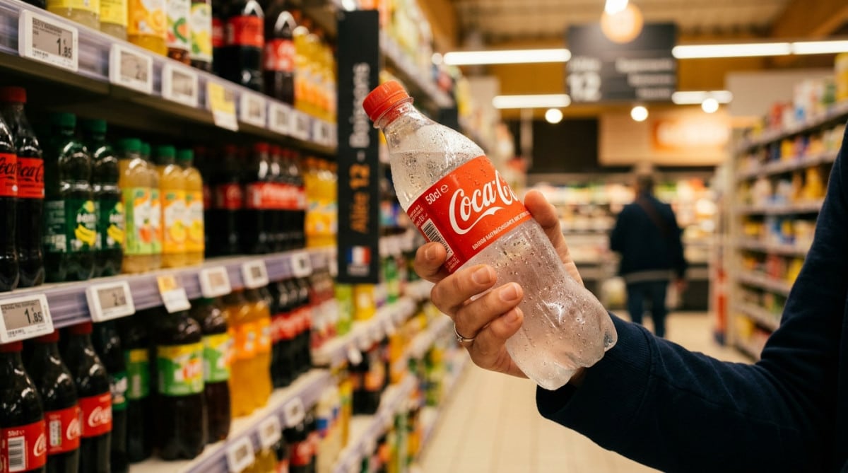 Bouteille de Coca-Cola tenue en main au supermarché