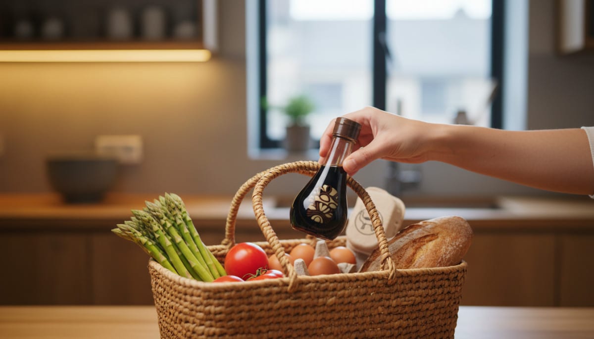 Bouteille de sauce soja dans un caddie de supermarché