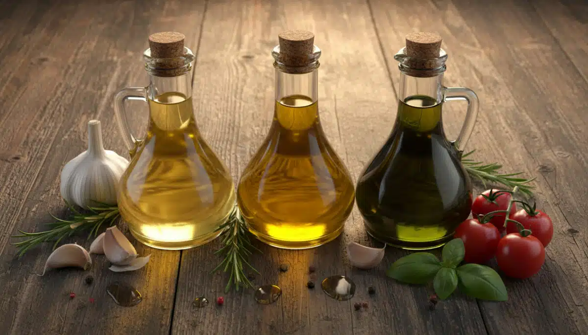 Bouteilles d'huile de tournesol colza et olive sur un plan de travail