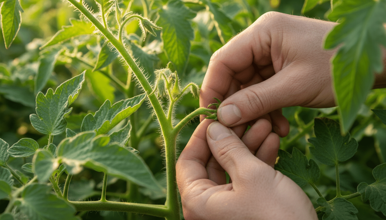 Main pinçant un gourmand de tomate sur un plant