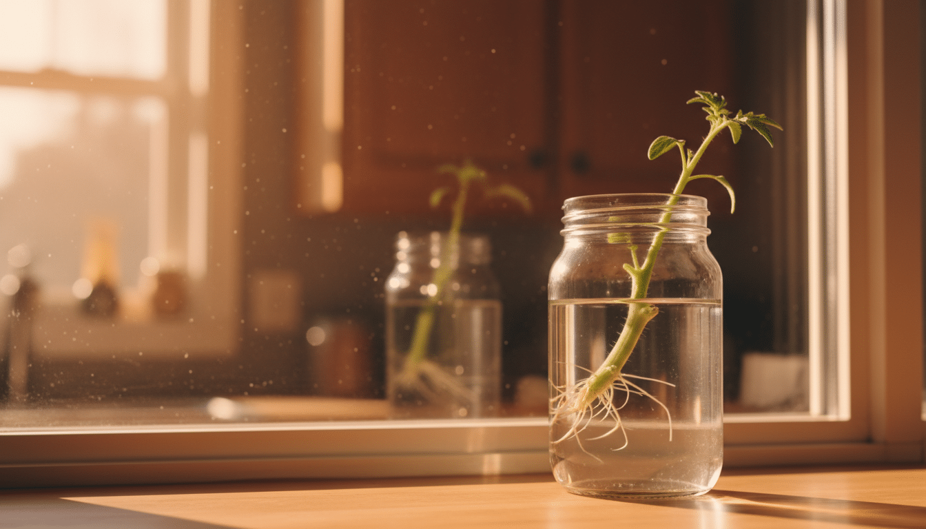 Bouture de tomate dans un verre d'eau avec racines