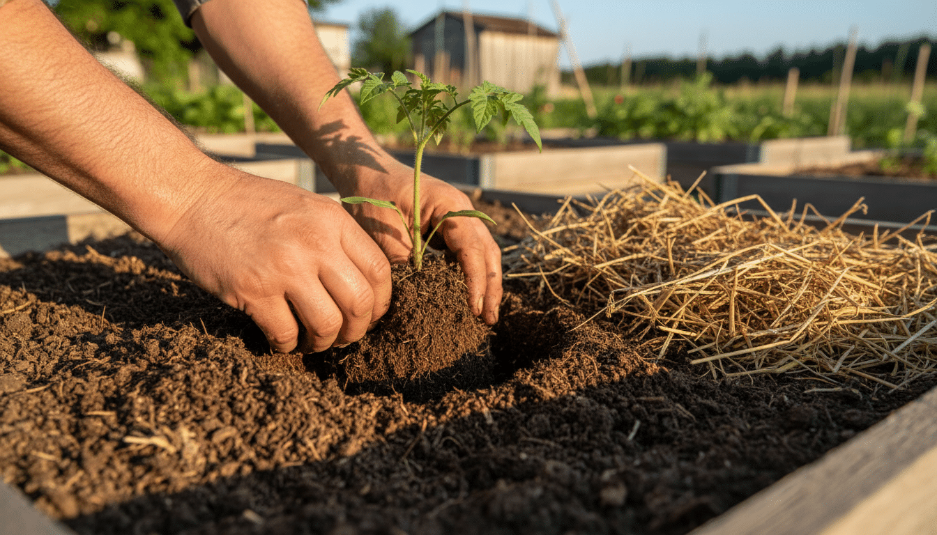 Repiquage d'un jeune plant de tomate en pleine terre