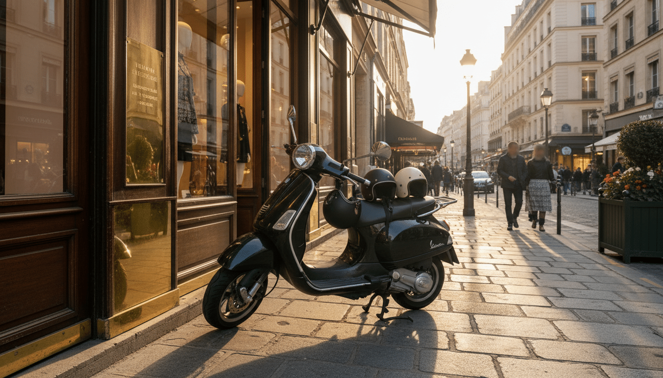 Scooter garé sur un trottoir parisien près d'une boutique