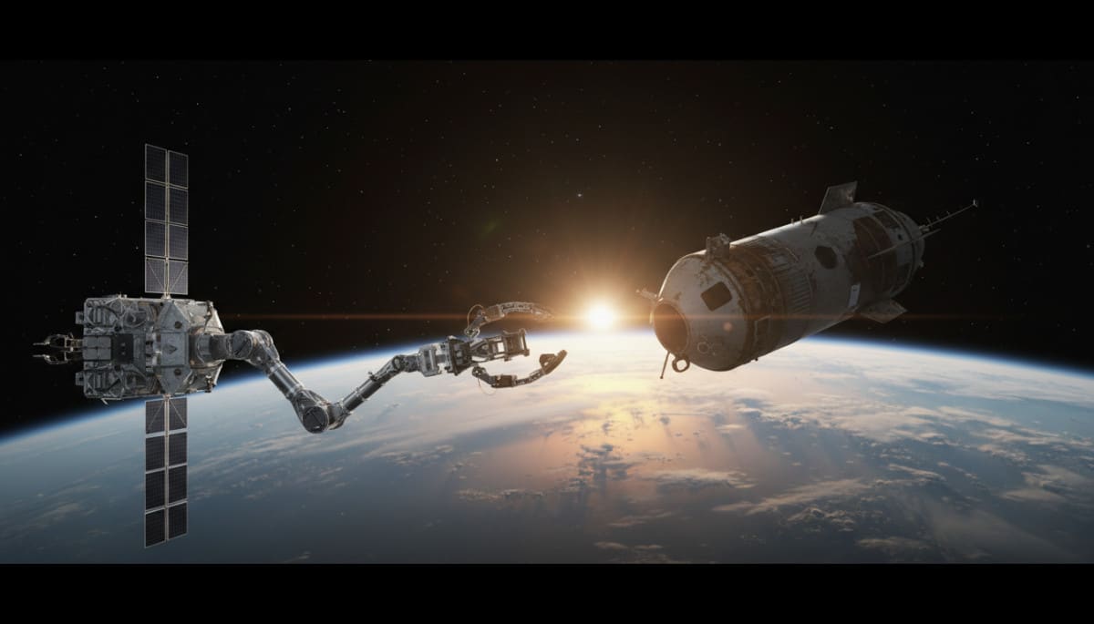 Bras robotique spatial capturant un débris en orbite terrestre