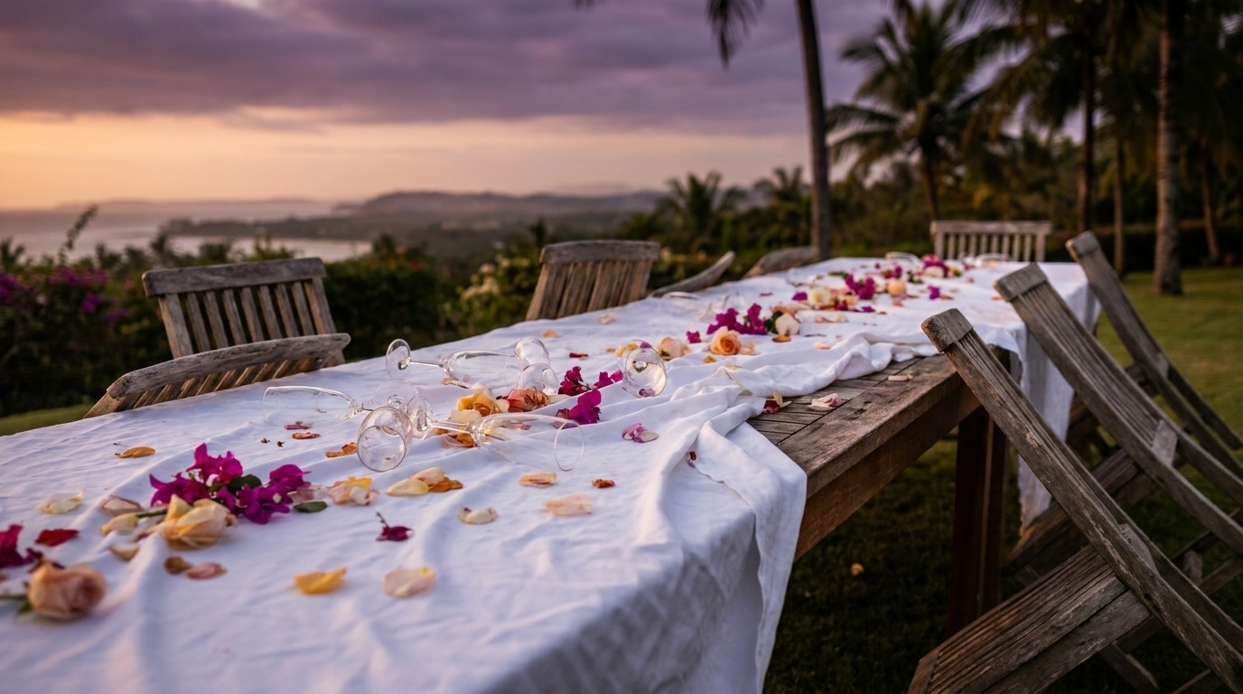 Table de réception de mariage abandonnée au crépuscule