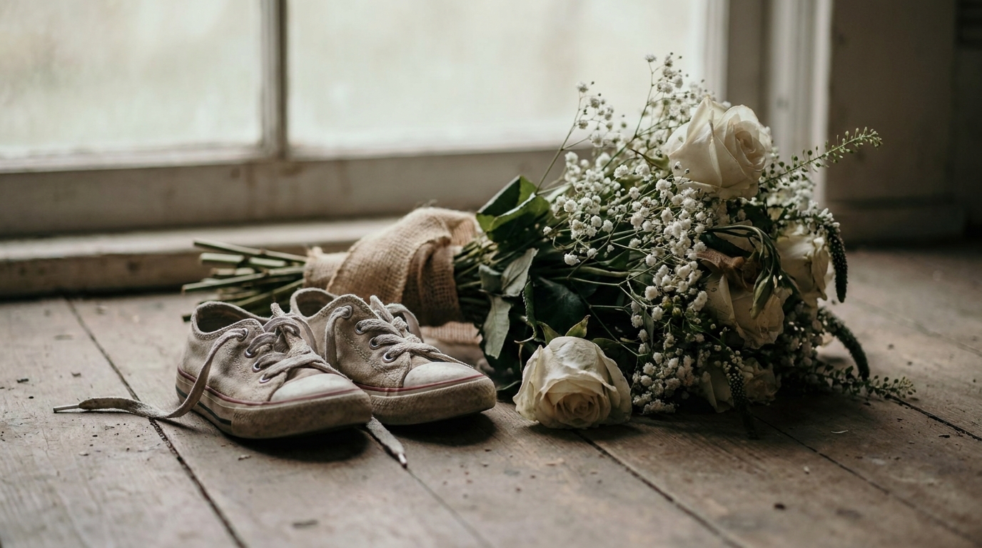 Petites chaussures d'enfant posées près d'un bouquet de mariée fané