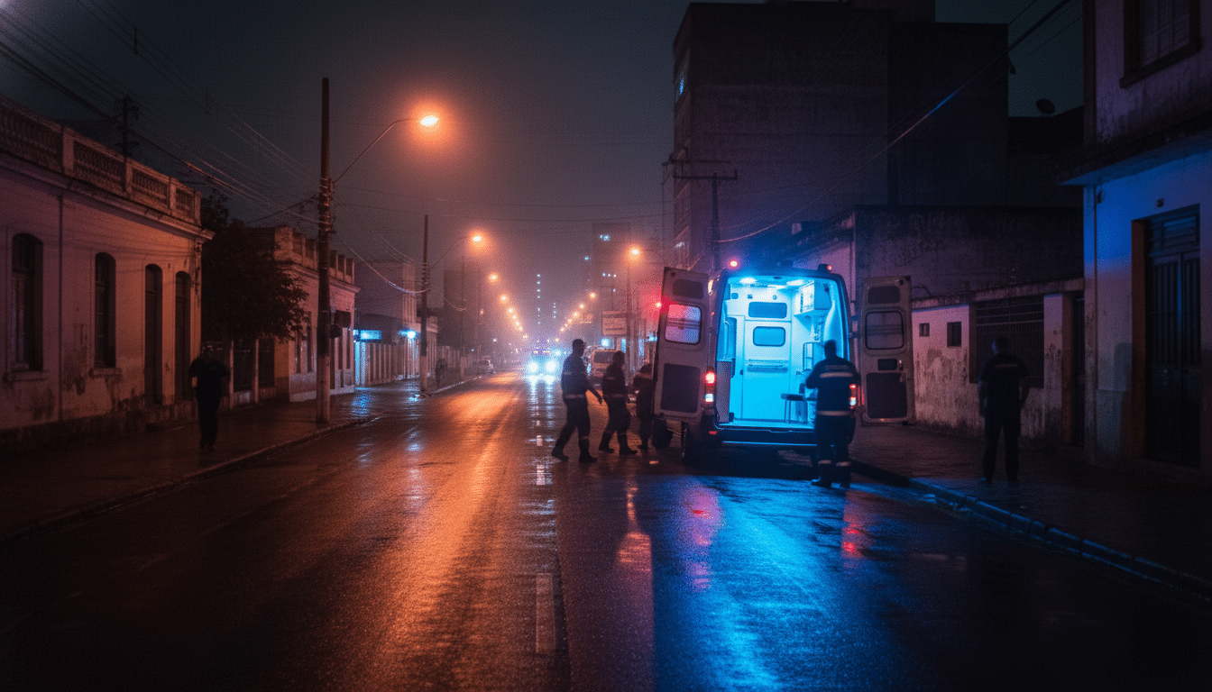 Ambulance et lumières d'urgence dans une rue brésilienne de nuit