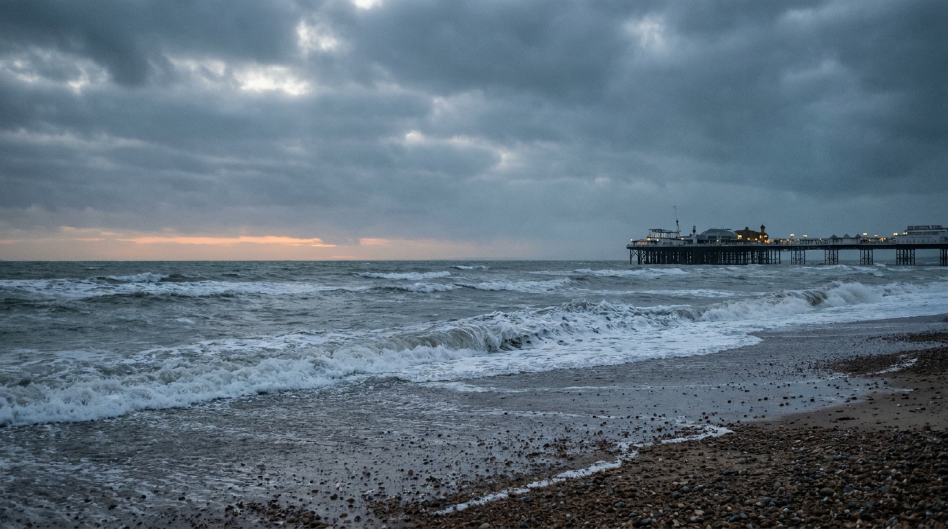 Plage de galets de Brighton à l'aube avec mer agitée
