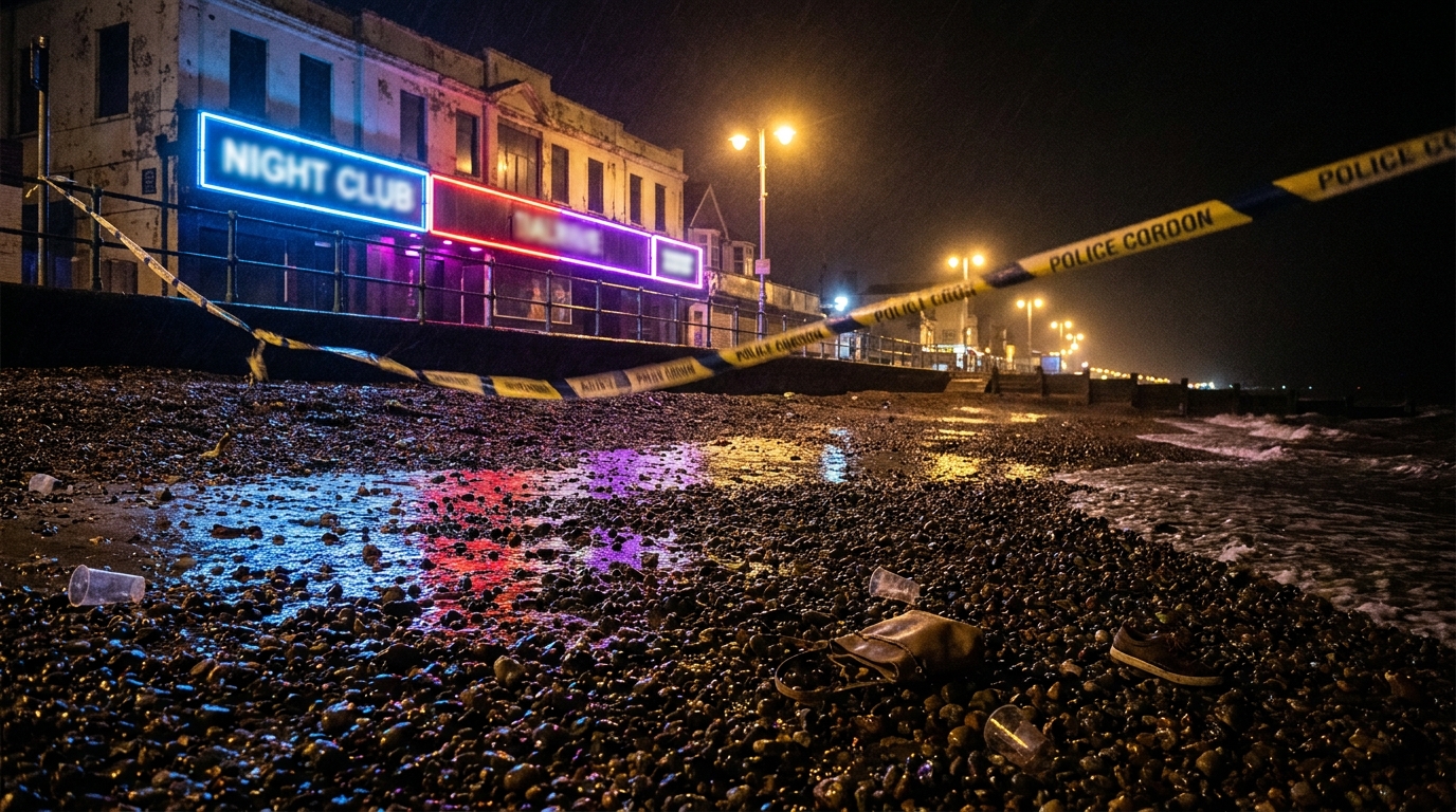 Entrée de club de plage la nuit avec objets abandonnés