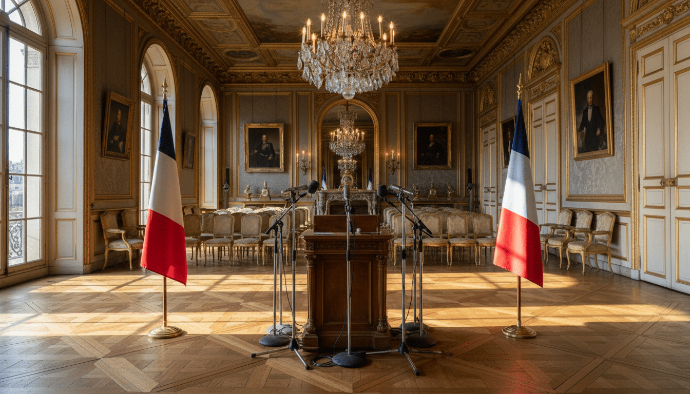 Salle de cérémonie vide à l'Élysée avec drapeaux français et podium abandonné