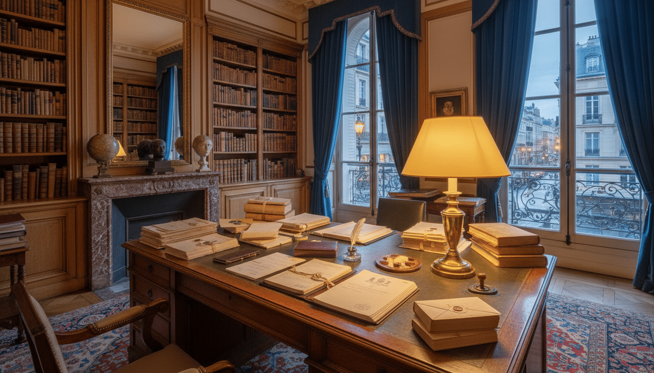 Bureau officiel avec lampe allumée et documents, ambiance de réflexion solitaire