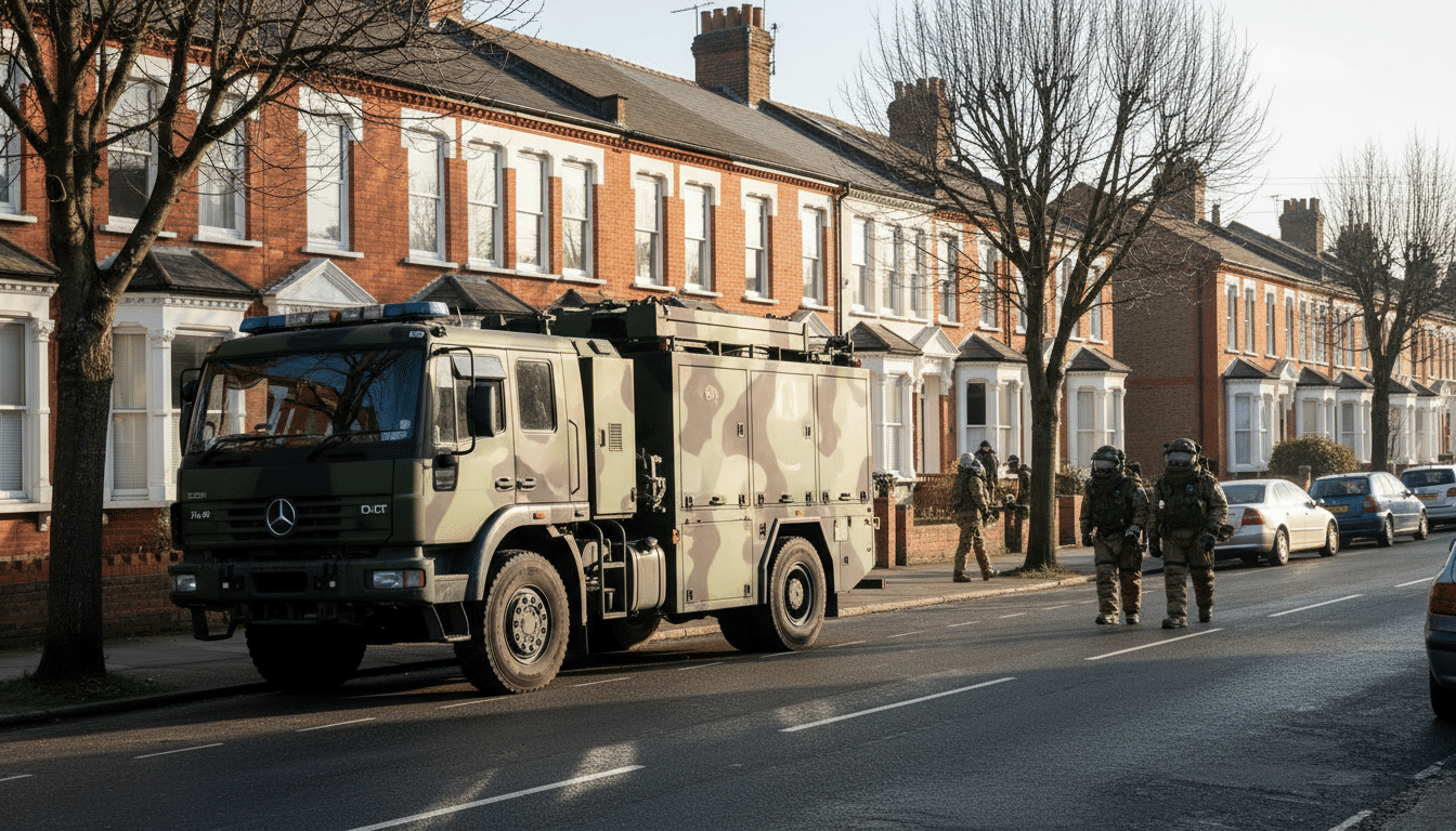 Véhicule de déminage de l'armée britannique devant des maisons à Bristol