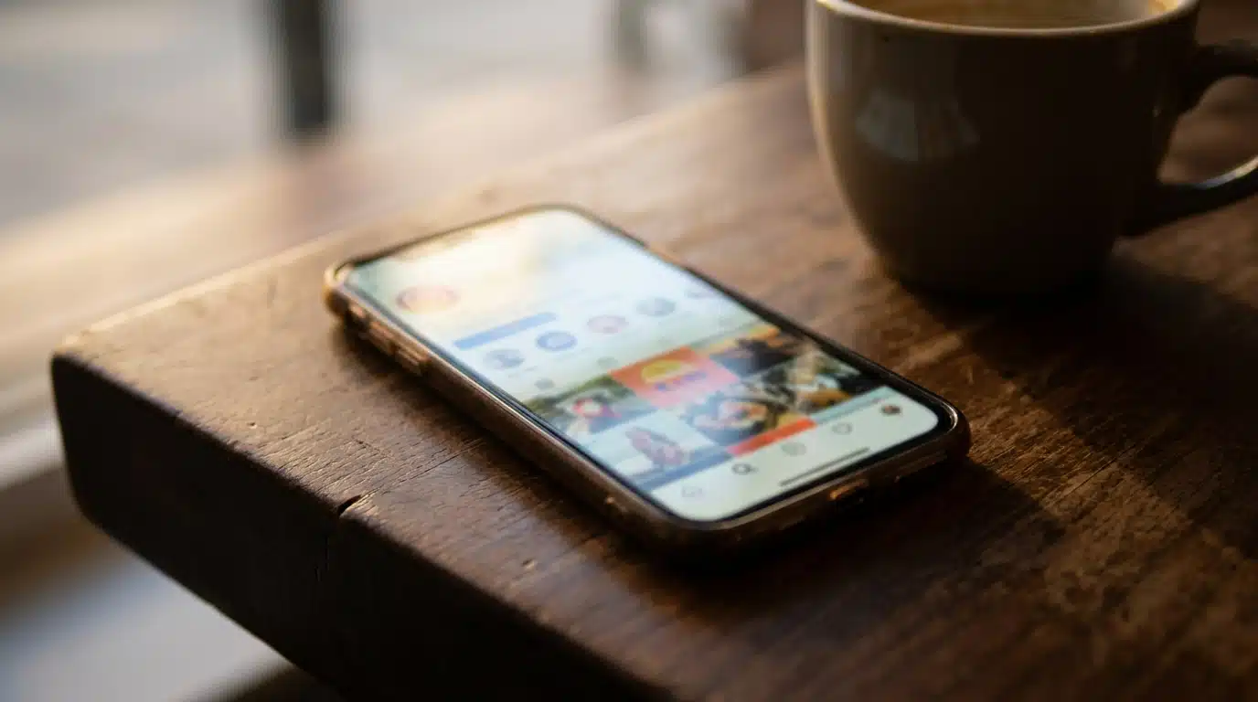 Smartphone posé sur une table affichant un fil de réseaux sociaux avec des publications colorées floues