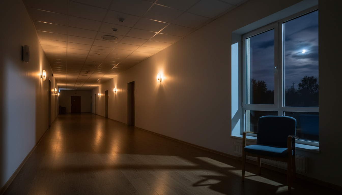 Couloir d'un centre de désintoxication vide la nuit, éclairé par des appliques ambrées