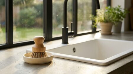 Brosse à vaisselle en bois posée près d'un évier moderne