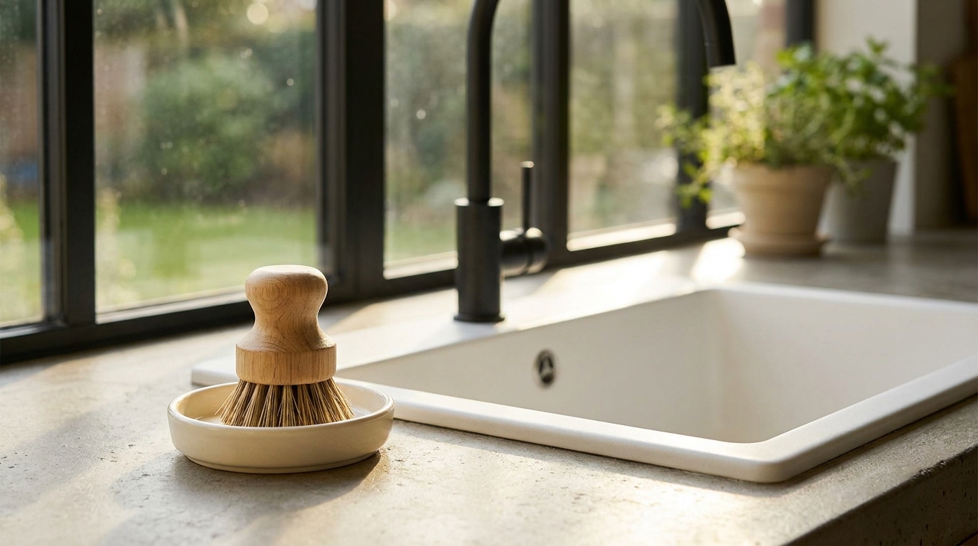 Brosse à vaisselle en bois posée près d'un évier moderne