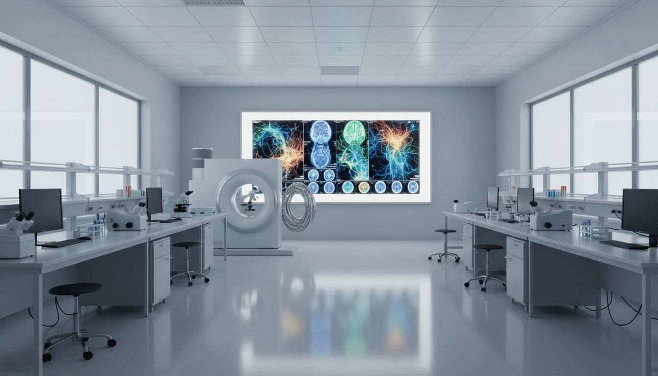 Laboratoire de recherche médicale avec scanners cérébraux, illustrant le don du cerveau à la science
