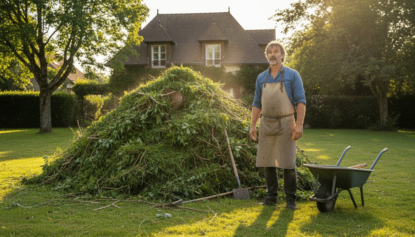 Jardinier devant un tas de déchets verts au jardin