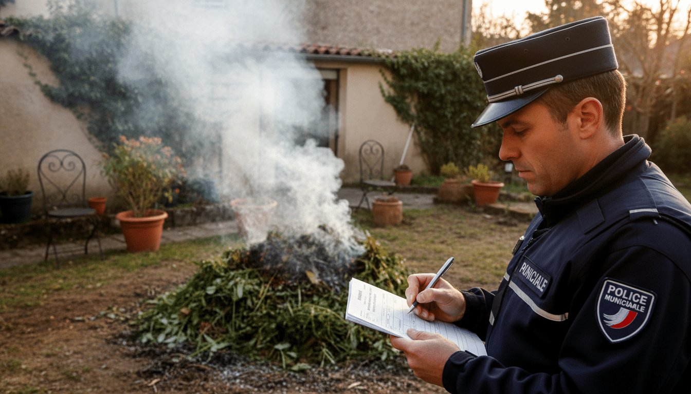 Agent municipal verbalisant un brûlage de végétaux interdit