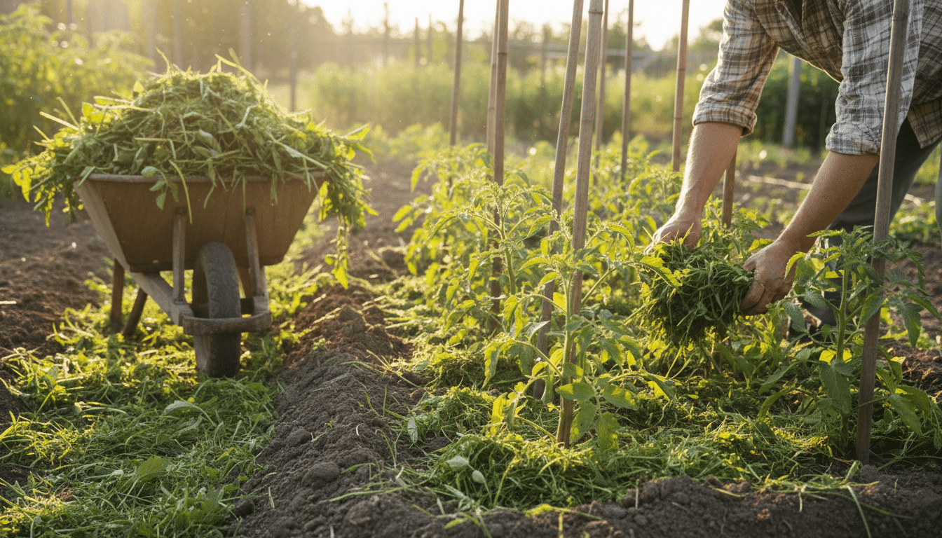 Paillage de tontes de pelouse au pied des tomates