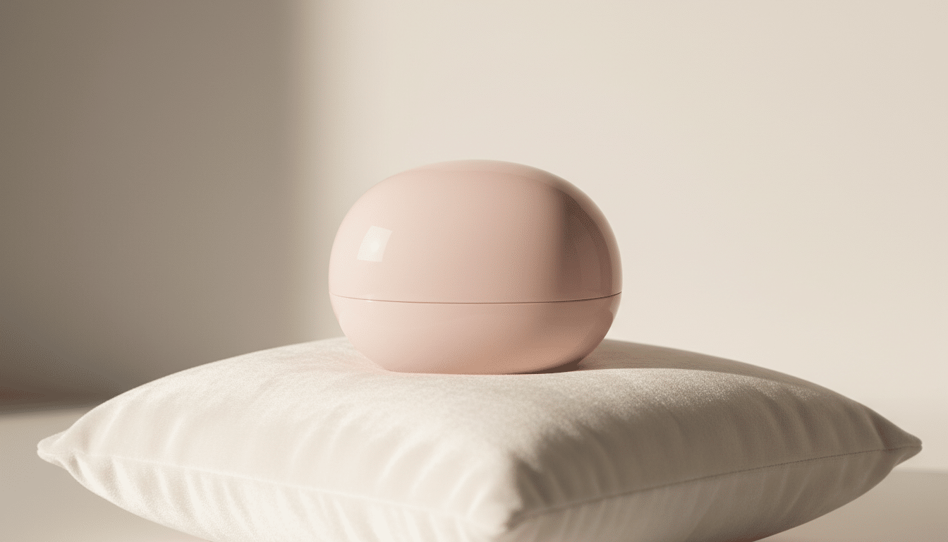 Le Womanizer, stimulateur clitoridien au design épuré posé sur un coussin velours