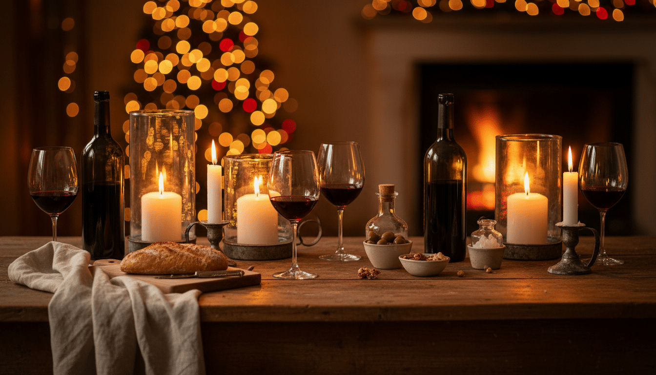 Ambiance soirée chaleureuse entre amies, verres de vin à la lueur des bougies