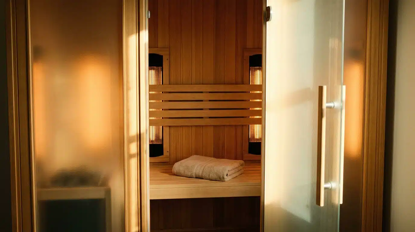 Intérieur d'un sauna infrarouge en bois vide