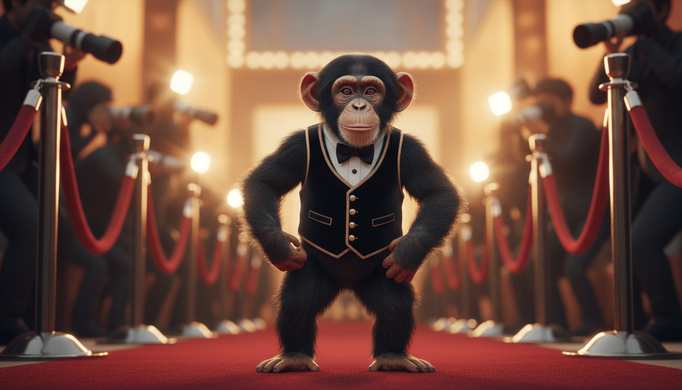 Chimpanzé sur un tapis rouge hollywoodien dans les années 1980