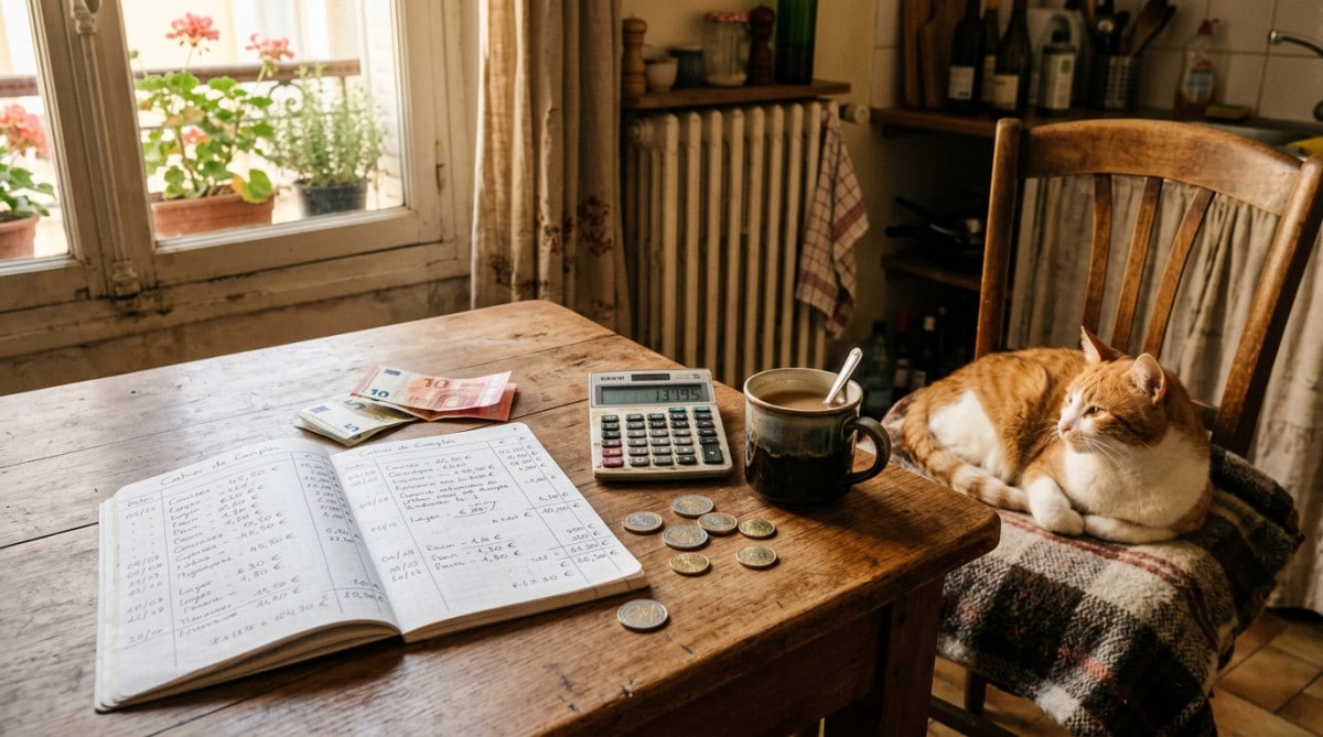 Budget mensuel détaillé sur une table avec euros et calculatrice