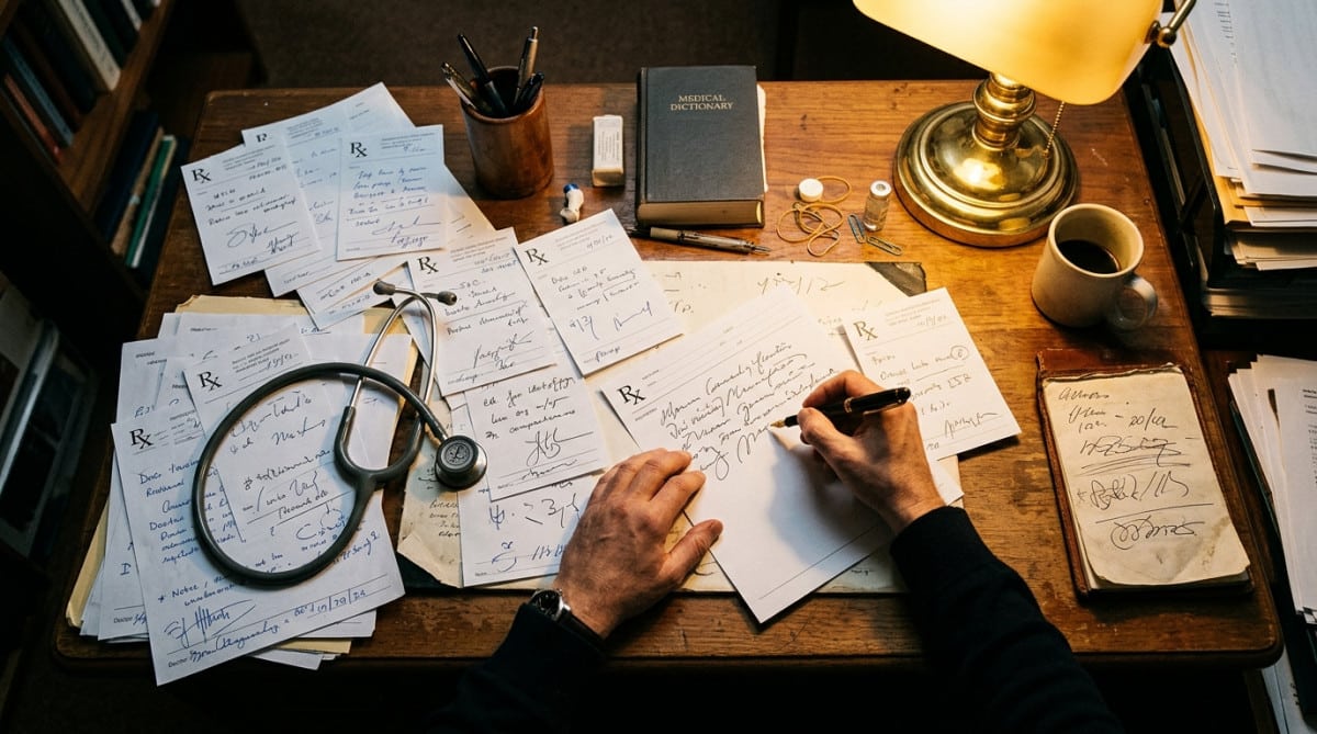 Bureau de médecin couvert d'ordonnances manuscrites griffonnées