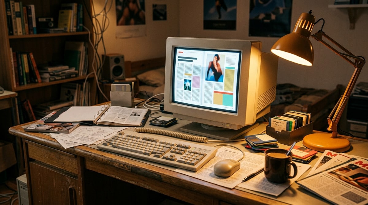 Bureau des années 90 avec écran d'ordinateur vintage