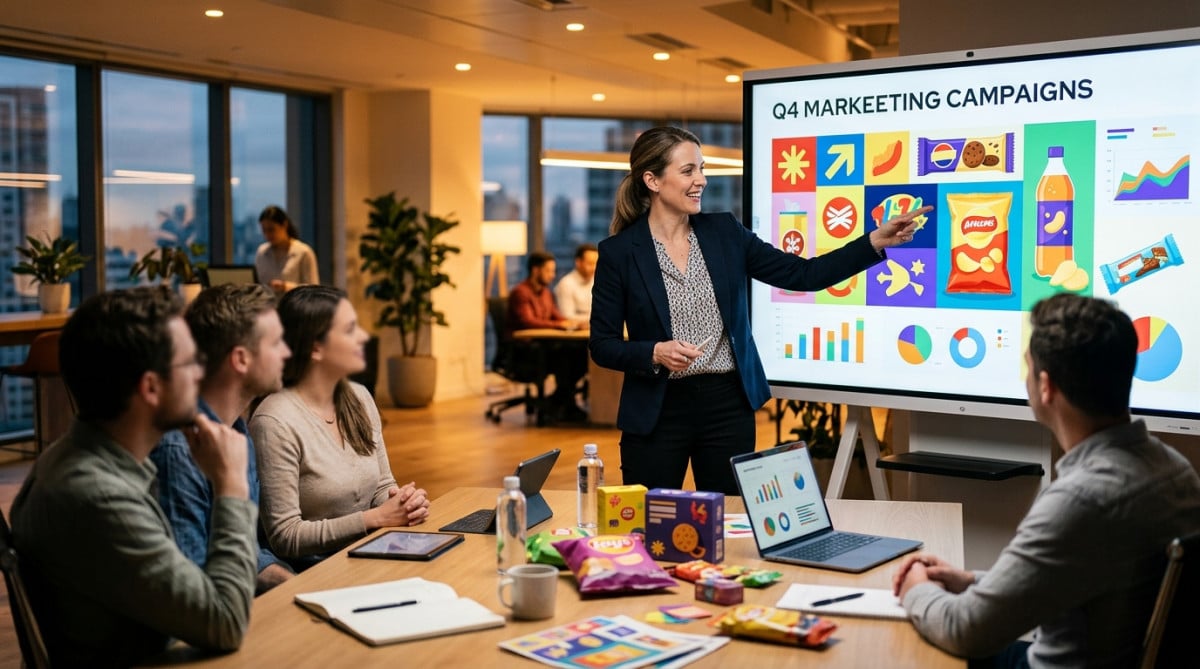 Bureau marketing avec écran publicitaire pour marque de snacks